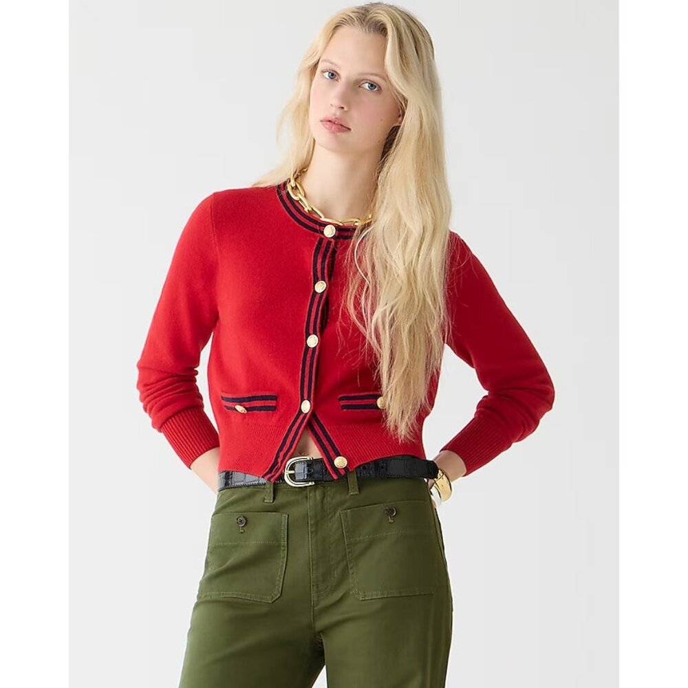 NWT J.Crew Cashmere Sweater Lady Jacket in Cardinal Red Navy Contrast Trim L - Picture 4 of 7